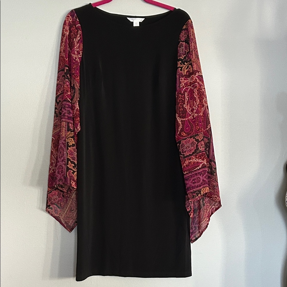 London Times Stretchy Black & Fuscia Dress with Butterfly Sleeves size 8